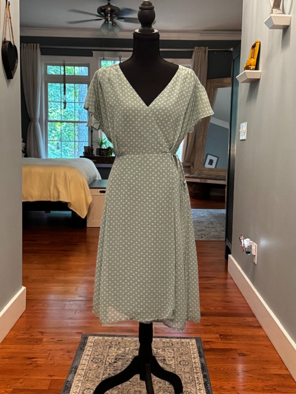 Eva Mendes New York & Company Sage Green Polka Dot Wrap Dress Medium